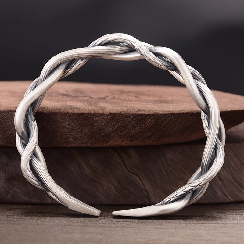 Sterling Silver Retro Three - strand Twist Bracelet Light Luxury All - match Elegant Couple Jewelry Adjustable Opening - The Noble Thread